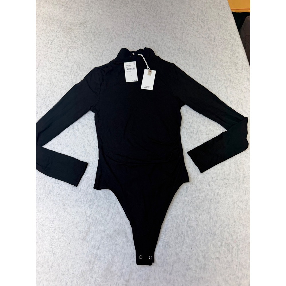 Good American Black Mock Neck Long Sleeve Bodysuit GB0229 Size 1 NEW